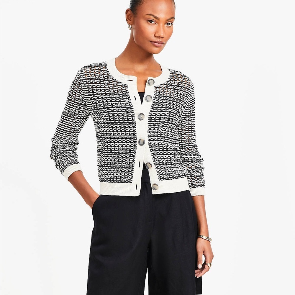 LOFT Black and Cream Knit Cardigan